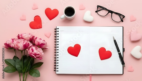 Romantic flat lay with pink roses, coffee, notebook and hearts on pink background
