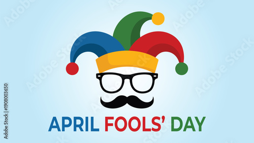 April fools day fun illustration with colorful jester hat, glasses and mustache icon on light blue background for prank holiday celebration design