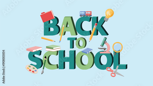 Colorful 3D rendered illustration of school supplies surrounding Back to School text in a educational setting from a front viewpoint