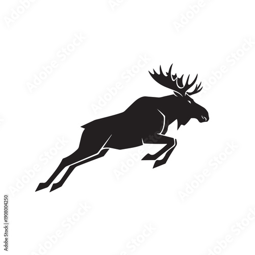 Majestic moose silhouette in mid stride on white background