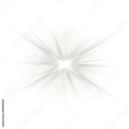 Elegant Silver Starburst Light Effect with Soft Glowing Halo and Sharp Rays on Transparent Background