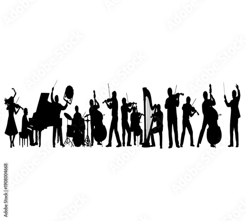 A silhouetted orchestra and vocalist performing on stage a musical ensemble in action high quality professional