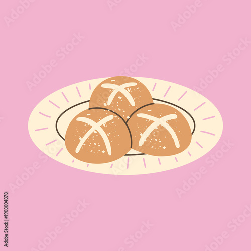 Hot Cross Buns Plate. Cute bakery illustration of traditional spiced rolls with religious symbols flat textured style for spring holiday celebrations.