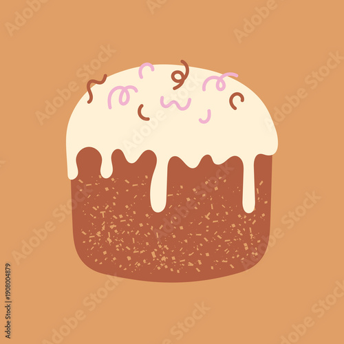 Kulich Easter Cake Icon. Cute flat vector illustration of traditional Eastern European dessert with sugar topping, colorful sprinkles and soft pastel bakery aesthetic.