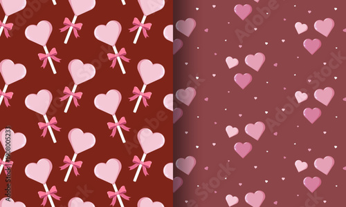 Split Valentine s design with two seamless patterns left side features pink heart lollipops with bows on dark red, right side shows scattered pink and white hearts on lighter red background