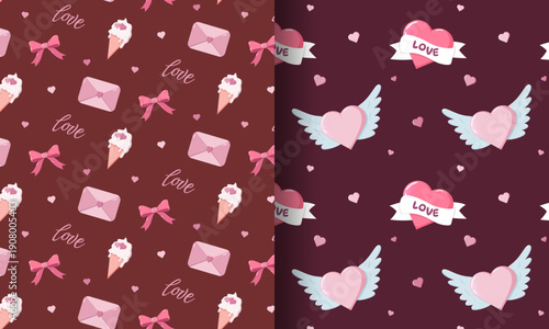 Split Valentine s design with two seamless patterns left side shows envelopes, bows, ice cream cones, hearts, and cursive love text right side features winged hearts, hearts with LOVE banners