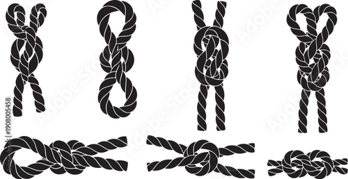 Various knots and rope ties on white background illustration