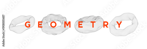 Set of distorted wireframe torus shapes with organic, fluid mesh design. Mathematical mesh shapes for futuristic tech design, science and digital projects.