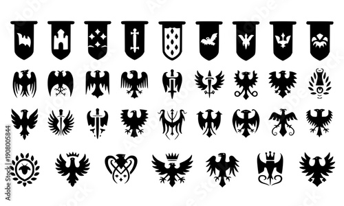  Heraldic emblems collection with medieval shields, royal coat of arms, eagle crests and crowns for luxury brand logo, vintage badge design and prestigious identity concepts