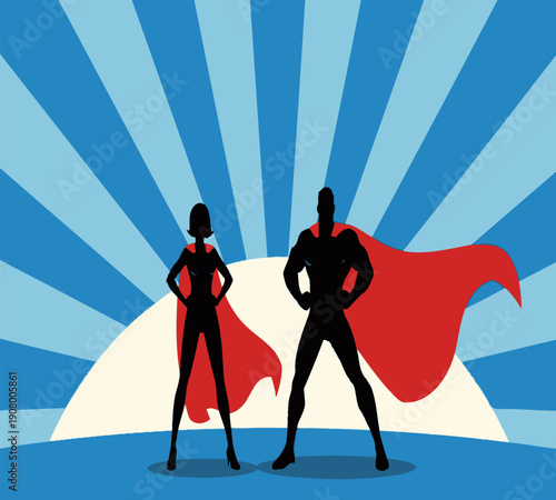 Silhouetted superhero couple stands powerfully against a vibrant radial burst background high quality professional detailed modern