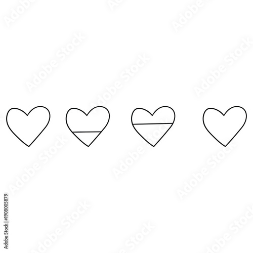 Hand-drawn doodle set of heart-shaped life bars for video games on a white background.
