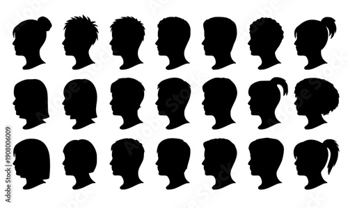 Diverse people profile silhouettes collection with various hairstyles and head shapes for avatar icons, user interface design, diversity representation and inclusive community concepts