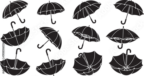 Collection of broken and damaged black umbrellas illustrations set