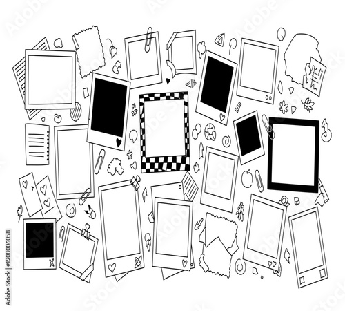 A collection of scattered hand drawn instant photographs and decorative elements in black and white