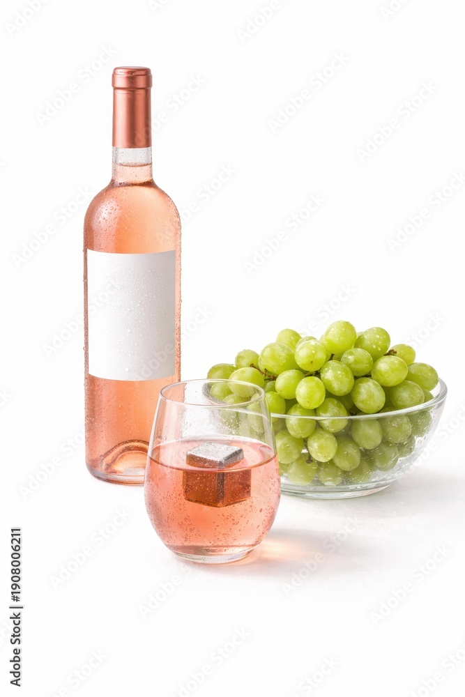Obraz premium Chilled rose wine bottle with condensation and rose wine glass with clear chilling stone grapes in acrylic bowl high key studio isolated on white