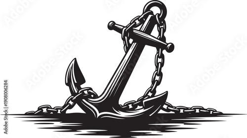 Black and White Illustration of an Anchor with Chain