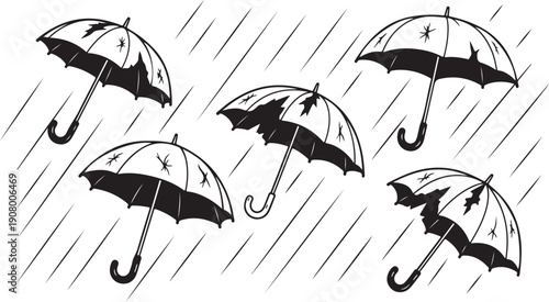 Black umbrellas in the rain on a white background