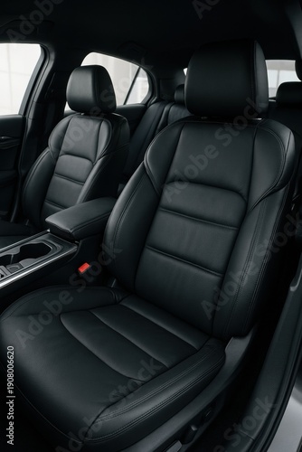 Close-up of a modern car's interior, showcasing sleek black leather seats. Ideal for automotive, luxury, comfort or transportation themes. Could be used for detailing or car reviews.