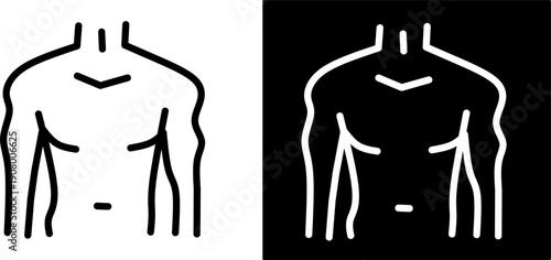 Male upper body torso icon in black and white line style. Minimal human anatomy symbol for fitness, health, medical apps, UI design, and infographics.