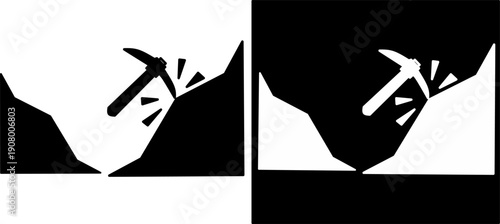 Minimal black and white mining icon set with pickaxe striking rock, positive and negative versions symbolizing excavation, labor, and industry.