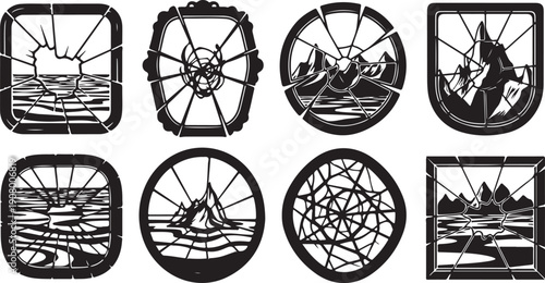 Set of nautical themed window frames with scenic views