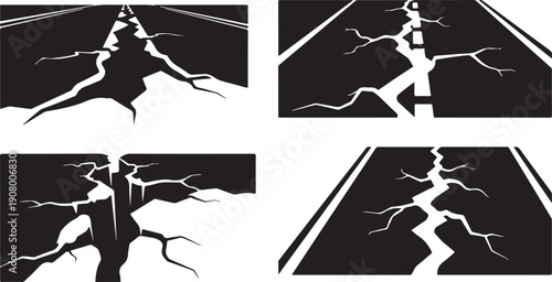Cracked Roadway Silhouettes in Black and White Collage Style