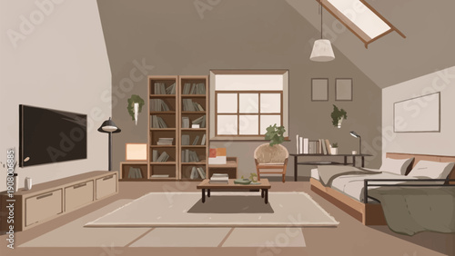 Cozy and calm Scandinavian home interior, vector illustration of a serene living room with natural light and minimalist decor.