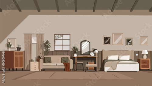 Flat design illustration of a country-style living room, showcasing a cozy and rustic interior with natural light and charming decor.
