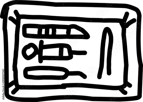 Minimal line icon of first aid kit contents with syringe, thermometer, bandage, and medical tools, black outline illustration for healthcare and emergency use