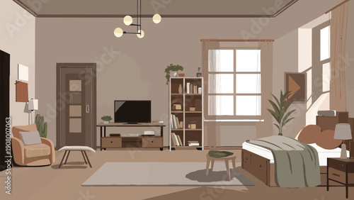 Flat vector illustration of a modern country house interior, featuring a bright and airy living space with minimalist furniture and natural elements.