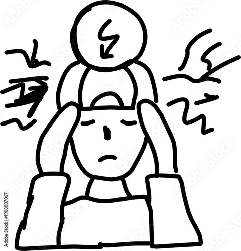 Minimal line illustration of person holding head with pain symbol, representing headache, migraine, stress, or mental health discomfort in simple black outline style