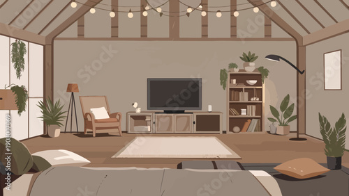 Decorative flat illustration of a contemporary country style interior, showcasing a warm and inviting living space with rustic charm.