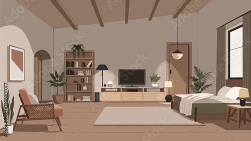 Flat vector illustration of a modern country house interior, a bright and welcoming space blending clean lines with rustic charm.