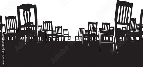 Silhouette of multiple chairs in a row on white
