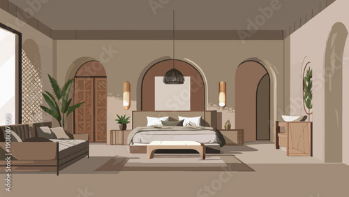 Minimalist interior vector illustration featuring a clean and serene living room with subtle natural elements and a calming color palette.