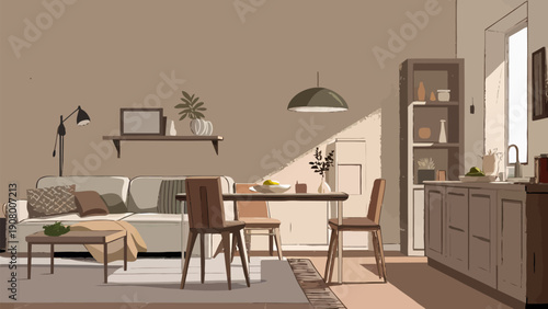 Cozy countryside apartment interior illustration, charming rural aesthetic, warm colors, natural elements.