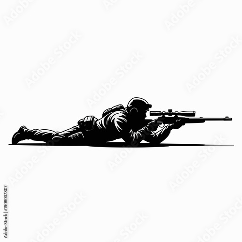 Precision and Vigilance: A silhouetted marksman, focused and composed, zeroes in on a target through the scope of a high-powered rifle, a symbol of precision and military professionalism.