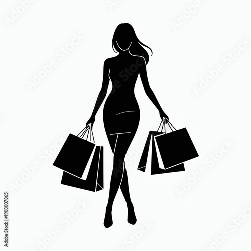 Silhouette Shopper: A sophisticated silhouette of a woman strides confidently, her arms laden with shopping bags, embodying the allure of fashion and the thrill of retail therapy.