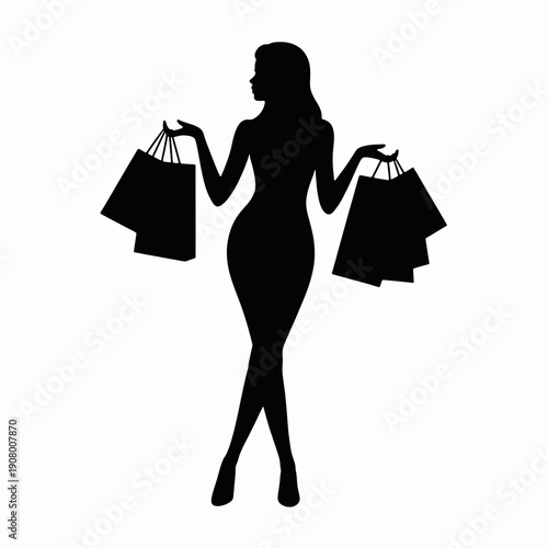 Stylish Silhouette Shopper: A chic silhouette of a woman poised, clutching shopping bags, radiating effortless elegance. A timeless visual of retail therapy and fashion.