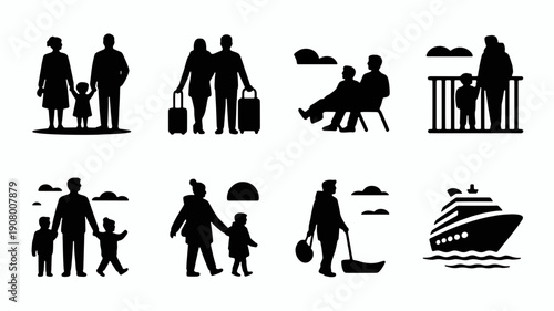 Family Silhouettes: Illustrative silhouettes capture the essence of family life, depicting various scenarios of togetherness, travel, and leisure moments.