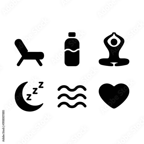 Wellness Icons: A collection of simple, black and white icons representing key elements of a healthy and balanced lifestyle. This image embodies wellness.