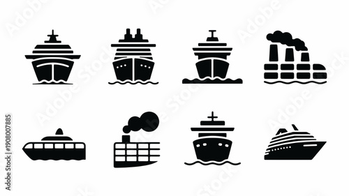 Ships and Industrial Icon set: A cohesive collection of ship and industrial icons, perfect for representing diverse maritime and manufacturing themes.