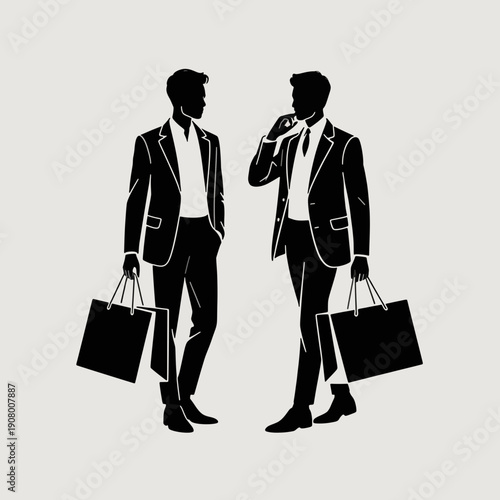 Dapper Gentlemen's Shopping Outing: Silhouetted figures of two well-dressed gentlemen are depicted in a stylized illustration, each carrying shopping bags.