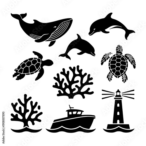 Ocean Wonders Silhouette: A collection of black silhouette illustrations representing diverse marine life, with a whale, dolphins, sea turtles, coral, boat and lighthouse.