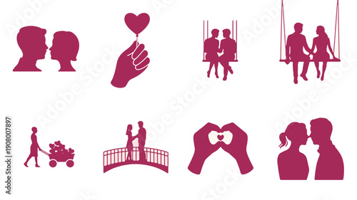 Love Icons Silhouette Collection: A collection of various silhouette illustrations depicting tender moments of love, expressing affection, connection and relationships.