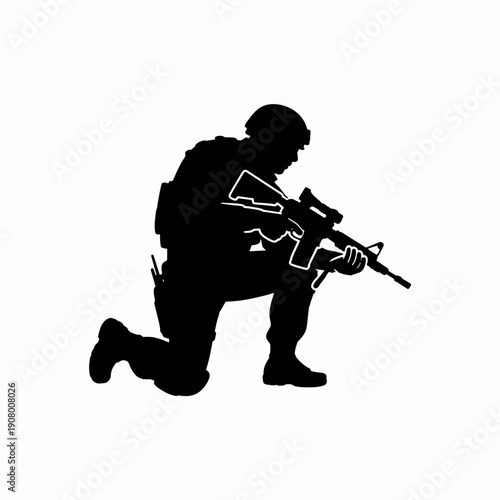 Silhouette of Determination: A lone soldier kneels with weapon ready, silhouetted against a plain backdrop, embodying the unwavering resolve and readiness of a warrior.
