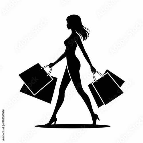 Elegant Shopper Silhouette: A graceful silhouette of a woman strolling confidently, arm in arm with several shopping bags, perfect for lifestyle, retail, and fashion projects. 