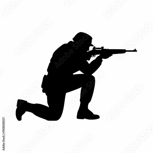 Silhouette of a Soldier in Action: A disciplined soldier, silhouetted against a plain background, is focused and ready. holding a weapon, embodies the spirit of vigilance and readiness.