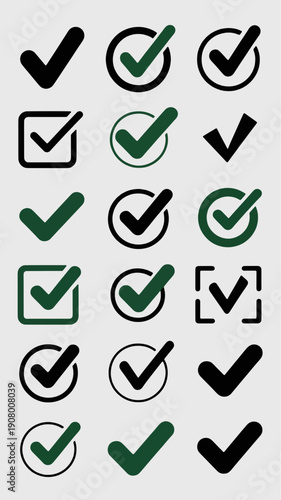 Selection Icons Array: An assortment of check mark symbols, representing choices, confirmation, and acceptance, ready for diverse applications.