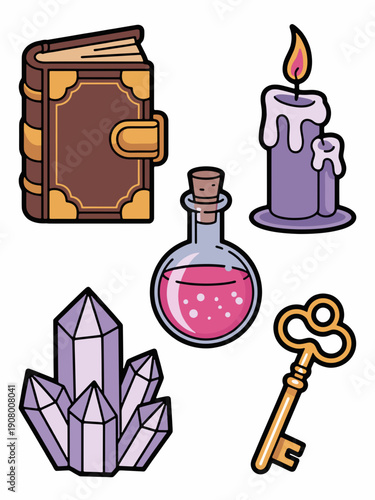 Enchanting Magical Collection: A captivating arrangement of mystical artifacts, including a spell book, flickering candle, potion, amethyst crystals, and an antique key.